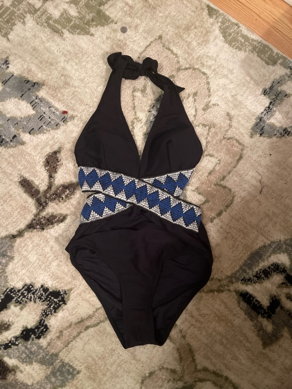 Cupshe Black Halter One-Piece Swimsuit with Blue & White Trim